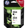 HP Tintenpatrone 304 im 2er-Pack, schwarze und farbige Toner abgebildet auf Verpackung.