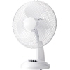 Tischventilator mit drei Rotorblättern und verstellbarem Neigekopf auf weißem Standfuß.