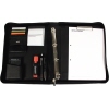 Schreibmappe mit Schreibblock, Stiften und Zubehör in schwarzem Kunstleder.