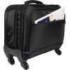 Schwarzer Notebooktrolley mit Rollen und vorderem Fach für Dokumente.