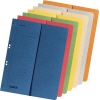Bunte Aktenordner in verschiedenen Farben mit halbseitiger Heftung und einem blauen Ordner vorne.