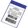 Blaue Sichttasche im DIN A4-Format mit einem Barcode und beschriftbarem Bereich.