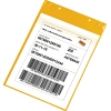Gelbe DIN A4 Sichttasche mit Barcode und Inhaltsetikett, ungefüllt und dekorativ platziert.