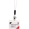 Transparentes Namensschild mit Clip und Lanyard, beschriftet mit „PASS VISITEUR“.