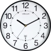 Schwarze Wanduhr mit großen Ziffern und Funkempfangssymbol auf weißem Zifferblatt.