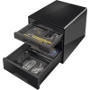 Schubladenbox in schwarz mit geöffneten Schubladen, gefüllt mit Büromaterial und Accessoires.