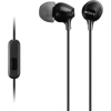 Schwarze Sony In-Ear Kopfhörer mit Silikon-Ohrstöpseln und Fernbedienung/ Mikrofon am Kabel.