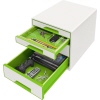 Leitz Schubladenbox WOW CUBE in grün/weiß mit geöffneten Schubladen und Inhalt.