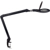 Schwarze Leuchtlupe mit flexiblem Arm und Klemmbefestigung, seitliche Ansicht.