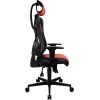 Gaming-Stuhl mit Kopfstütze in Schwarz-Rot, seitliche Ansicht, ergonomisches Design.