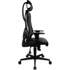 Schwarzer Gaming-Stuhl mit Kopfstütze, seitliche Ansicht, ergonomisches Design.