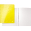 Gelber Leitz Schnellhefter WOW mit Abheftvorrichtung, geöffnet mit transparentem Inneren.