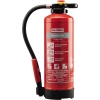 Roter Handfeuerlöscher mit Bedienungsanleitung und Sicherheitshinweisen auf der Vorderseite.