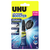 UHU Alleskleber in Verpackung mit Hinweis auf LED-Licht-Aktivierung und Anwendungshinweisen.