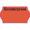 Rotes Auszeichnungsetikett mit schwarzer Schrift "Sonderpreis" auf pinkem Rand.