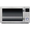Mikrowelle mit Grillfunktion in Edelstahloptik und digitalem Display, frontale Ansicht.