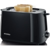 Schwarzer Toaster mit zwei Scheiben Toast, Seitenansicht, ohne Zubehör oder Dekoration.