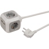 Steckdosenwürfel mit 4 Steckdosen und 2 USB-Anschlüssen, weißes Gehäuse und Kabel.