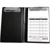 Schwarzer Kassenblock mit zwei Clip-Halterungen und vorgedrucktem Tabellenlayout innen.