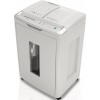 Weißer Aktenvernichter mit Sichtfenster, Bedienfeld und herausnehmbarem Schnittgutbehälter.