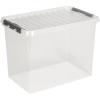 Transparente Aufbewahrungsbox mit Clip-Deckel und Griffen, stapelbar und ineinander steckbar.