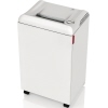 Weißer Aktenvernichter mit transparentem Sichtfenster und fahrbaren Lenkrollen.