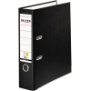Schwarzer Ordner aus Kunststoff mit 80 mm Rückenbreite und weißen Beschriftungsfeldern.