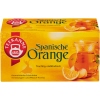 Packung mit Tee "Spanische Orange", orange-gelbe Gestaltung, darunter ein Glas mit Getränk.