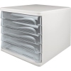 Weiße Schubladenbox mit fünf transparenten Schüben und ergonomischer Front für leichten Zugriff.