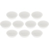 Zehn weiße Magnete mit verbreitertem Rand auf einem hellen Untergrund.