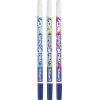 Drei Tintenlöscher mit blauer Kappe und buntem Design in einer Produktansicht.