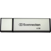 Silberner USB-Stick mit seitlich wegklappbarem Verschluss und der Aufschrift "4GB".