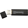 USB-Stick mit 32 Gbyte, halb offen mit abgenommenem Schutzdeckel, in schwarzer Farbe.