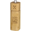 Holzfarbene Salzmühle mit eingraviertem Text „GLÜCK IST DAS SALZ IN DER SUPPE“.