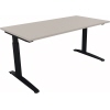 Schreibtisch in lichtgrau mit anthrazit metallic Beinen, Maße 1.600 x 650-850 x 800 mm.