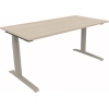 Schreibtisch in silberaluminium mit hellen Akazien-Oberfläche, Maße 1.600 x 645-1.275 x 800 mm.