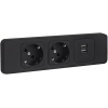 Einbau-Steckdosenleiste mit zwei Steckdosen und zwei USB-Anschlüssen in schwarzem Design.