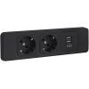 Einbau-Steckdosenleiste mit zwei Steckdosen und zwei USB-Anschlüssen in schwarzer Farbe.