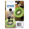 Schwarze Epson Tintenpatrone 202 in Verpackung mit Kiwi-Hintergrund.