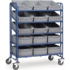 Ein blauer Etagenwagen mit mehreren grauen Aufbewahrungskisten auf vier Rollen.