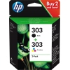 HP Tintenpatrone 303 im 2-Pack, schwarz und in den Farben cyan, magenta und gelb.
