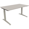 Schreibtisch mit Flachkufe und Quadratrohr in lichtgrau, höhenverstellbar von 650 bis 850 mm.