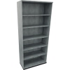 Regal in anthrazit metallic mit sechs Ordnerhöhen und betongrauer Oberfläche.