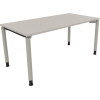 Lichtgrauer Schreibtisch mit silberaluminiumfarbigen Beine in neutralem Design.