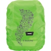 Grüner Regenschutz für Schulranzen mit reflektierendem Aufdruck und Gummizug.