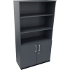 Regalschrank in anthrazit metallic mit drei offenen Fächern und zwei abschließbaren Türen.