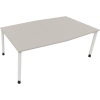 Konferenztisch in lichtgrau, rechteckig mit schräger Kante und weißen Beinen.