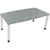 Konferenztisch mit hellgrauer Betonoberfläche und weißen Beinen, rechteckige Form.