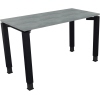 Schreibtisch mit Betonoberfläche und vier schwarzhauptigen Quadratrohren, höhenverstellbar.