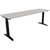 Schreibtisch mit flacher Kufe, quadratischem Rohr in lichtgrau und anthrazit metallic.